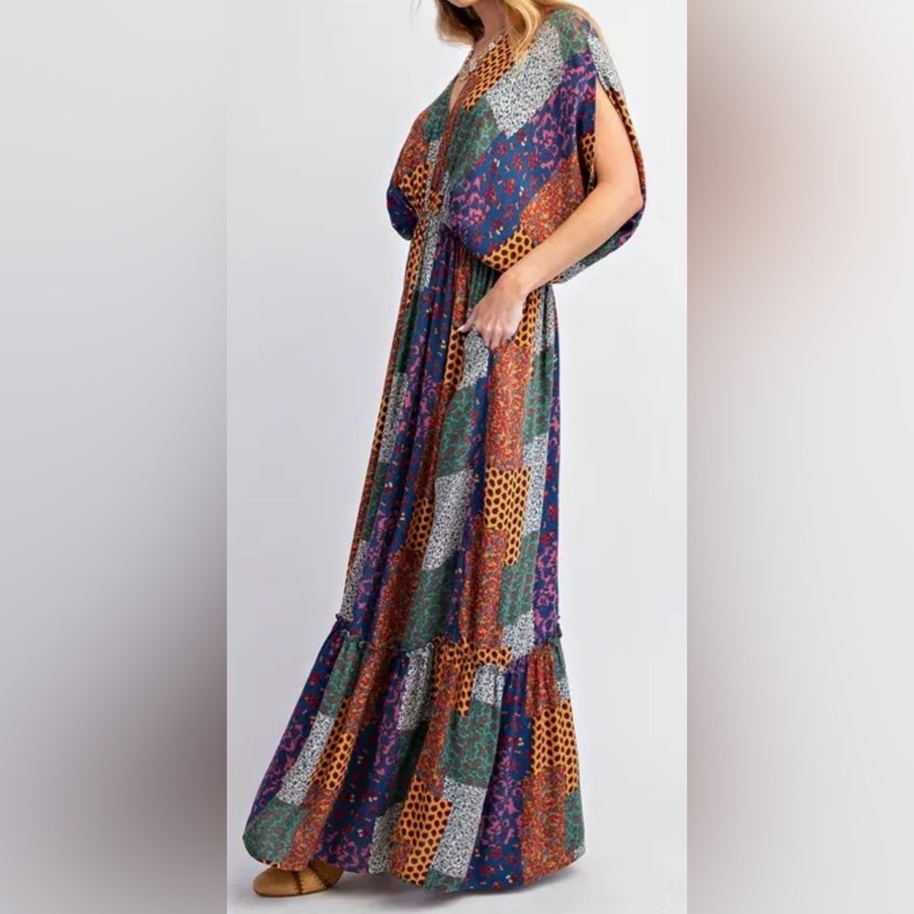 Easel Tiered Flowy Multi-color Patchwork Maxi Dre… - image 2